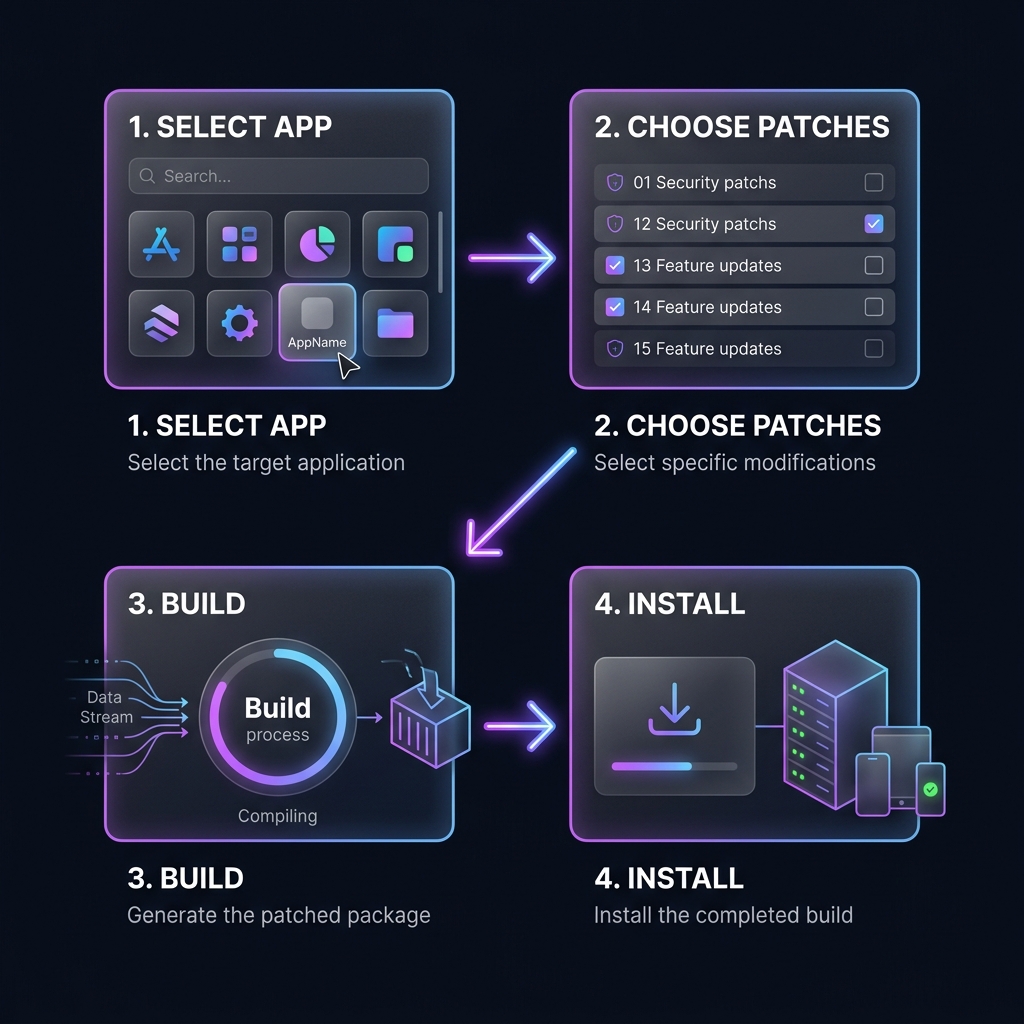 ReVanced Manager workflow: select app, choose patches, build, install