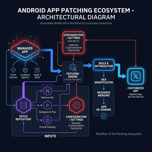 Diagram of the ReVanced Manager and patch ecosystem